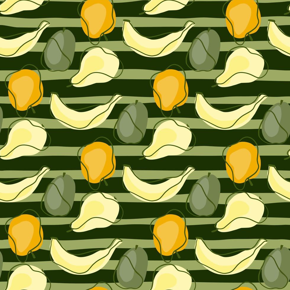 padrão sem emenda abstrato com contornos com bananas, maçãs, ameixas e peras. cenário de frutas. fundo listrado verde. vetor