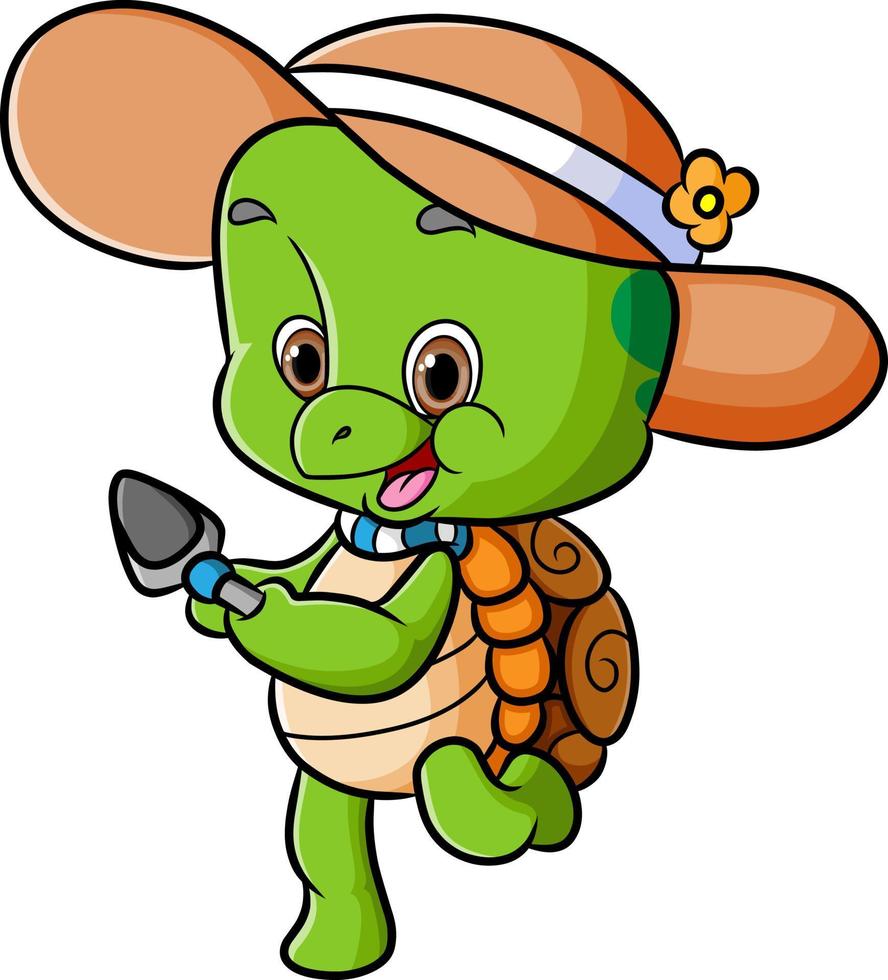a tartaruga fofa está usando o chapéu de praia e segurando a pá vetor