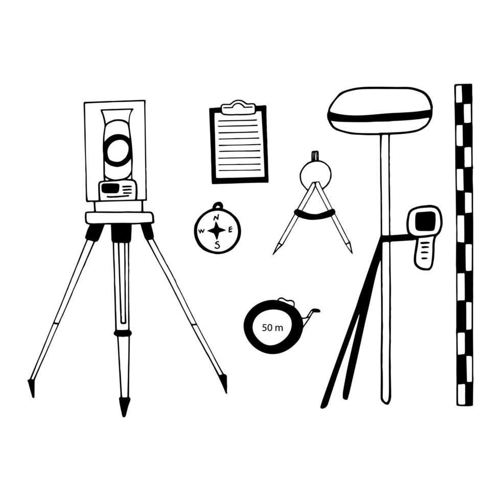 taqueômetro, nível técnico, estação total, fita métrica, equipe de nivelamento, bússola, divisores definidos doodle desenhado à mão. escandinavo, esboço. geodésia, cartografia, medição, construção, levantamento. vetor