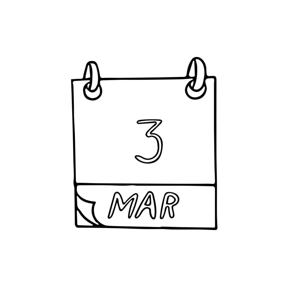 calendário desenhado à mão em estilo doodle. 3 de março dia mundial do escritor, dia da audiência, data. ícone, adesivo, elemento de design vetor