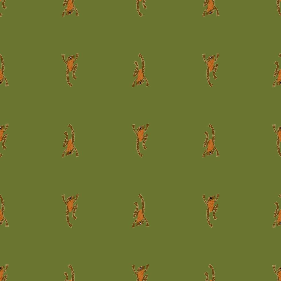 tropical sem costura padrão com ornamento de silhuetas de sapo laranja. fundo verde-oliva. design simples. vetor