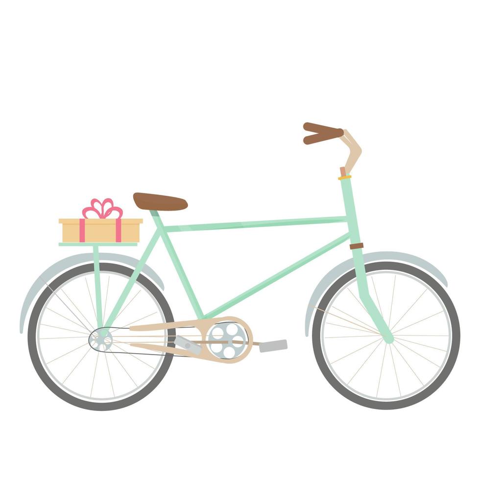 bicicleta, bicicleta com presente isolado na ilustração vetorial de estoque de fundo branco. veículo de temporada, transporte em estilo plano, elemento decorativo, fofo, brilhante. . ilustração vetorial vetor
