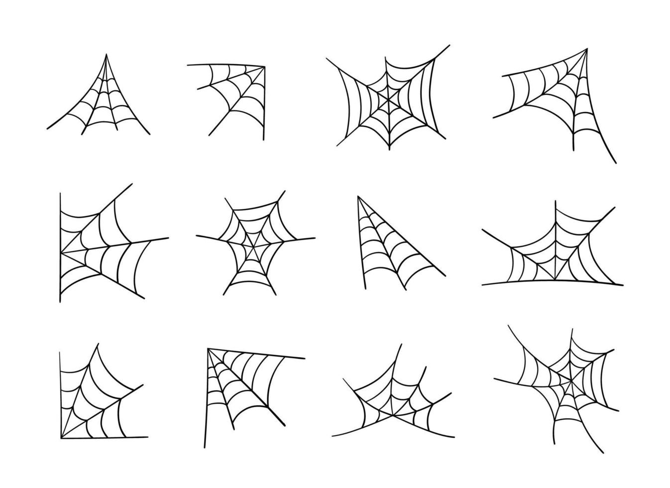 conjunto desenhado à mão de teia de aranha. teia de aranha de halloween, elementos assustadores para decoração. ilustração vetorial de contorno. vetor