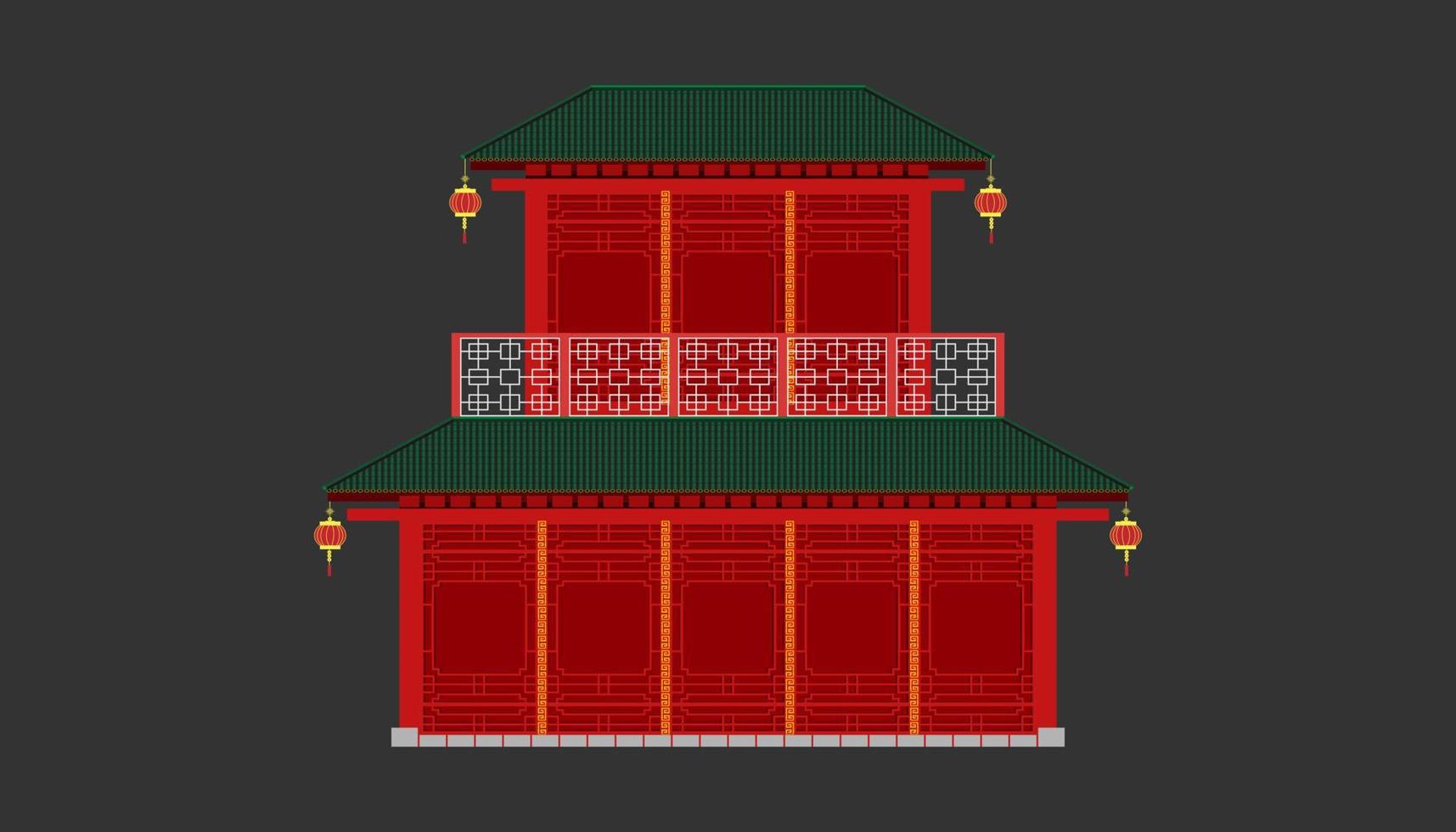 casa tradicional chinesa de dois andares há uma parede com um padrão de madeira vermelha com um pouco de preto. sem portas e janelas. ilustração vetorial eps10 vetor