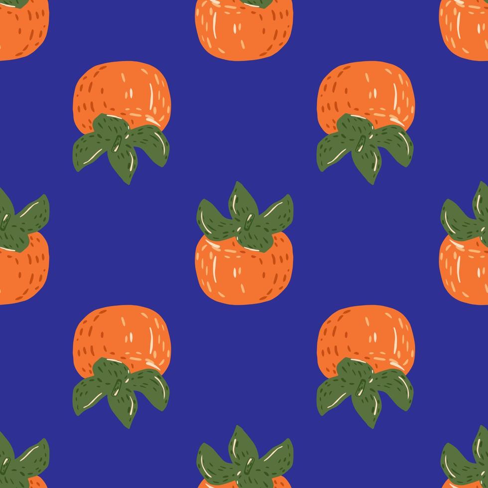 padrão de comida sem costura brilhante com silhuetas de caqui de colheita de outono. frutas laranja sobre fundo azul. vetor