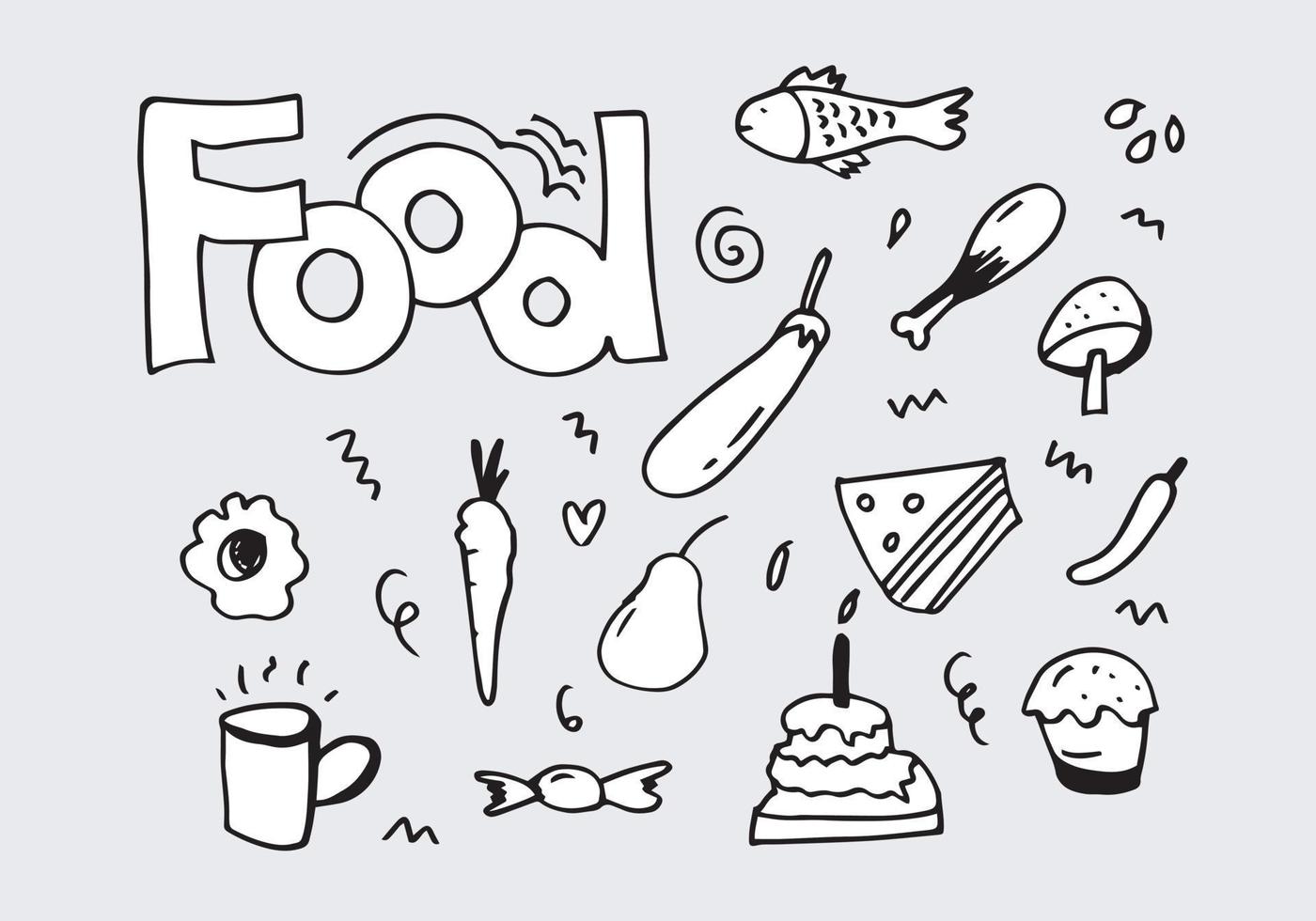 doodle comida, frutas, legumes com letras em vetor. vetor