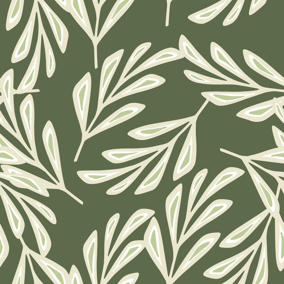 Elementos de ramos de folhas geométricas de scrapbook branco aleatório. fundo verde-oliva. estilo simples. vetor