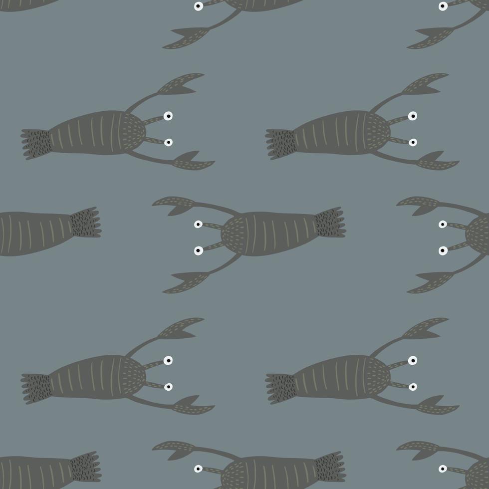 padrão de comida sem costura oceano escuro com formas de lagosta. ornamento de animal marinho cinza sobre fundo azul marinho. vetor