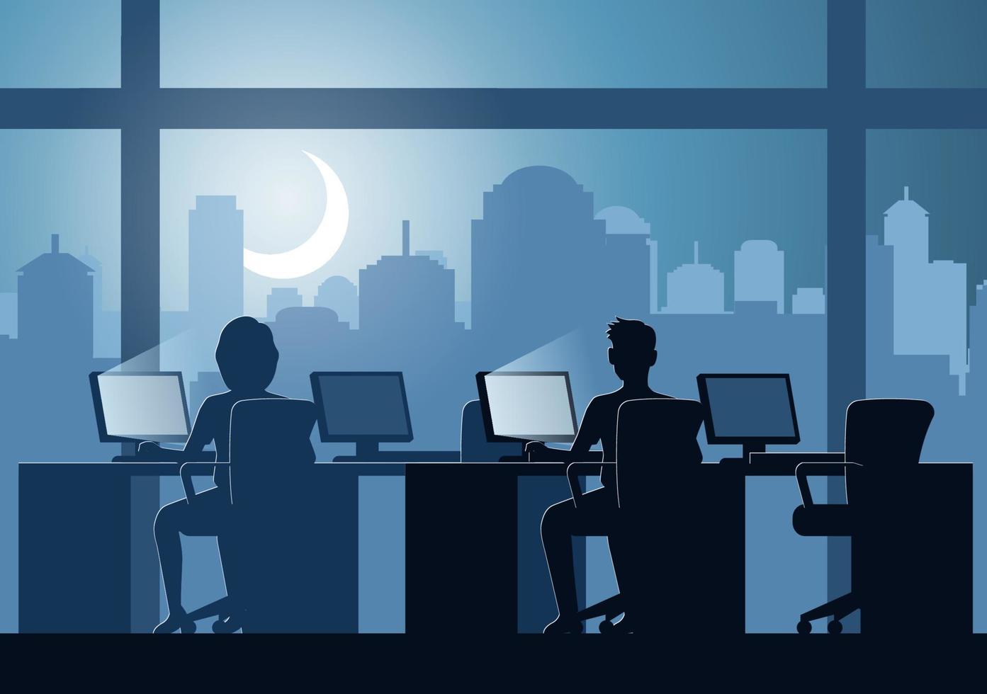 design de silhueta de trabalhadores de escritório fazendo trabalhos ao longo do tempo à noite vetor