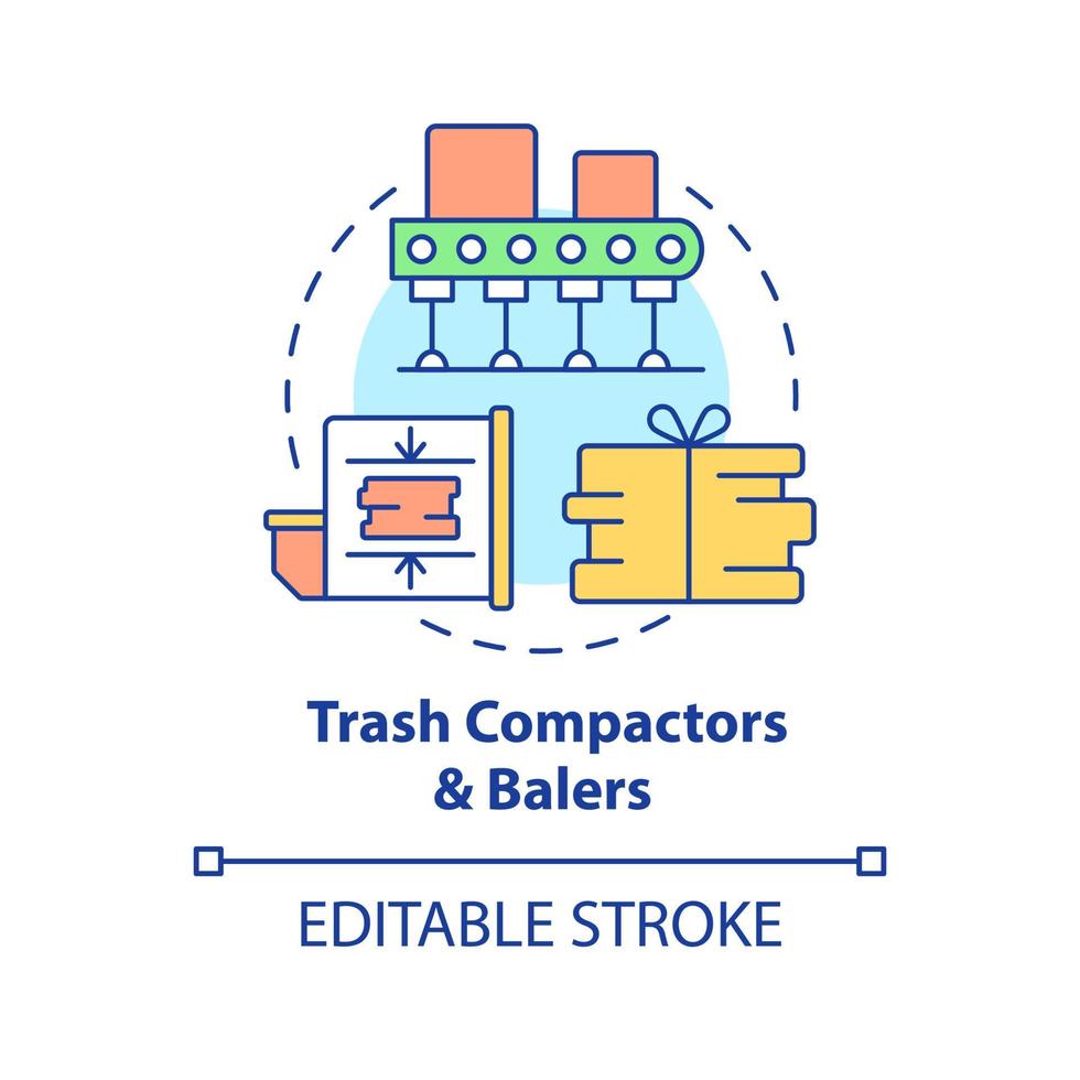 compactadores de lixo, ícone do conceito de enfardadeiras. processamento de lixo, equipamento de compressão. reciclagem de ilustração de linha fina de idéia abstrata de resíduos. desenho de cor de contorno isolado de vetor. traço editável vetor