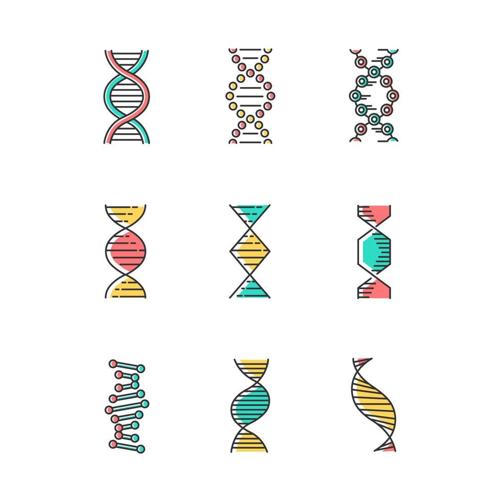 Conjunto de ícones de cores de espirais de DNA. desoxirribonucleico, hélice de ácido nucleico. fios em espiral. cromossoma. biologia molecular. Código genético. genoma. genética. remédio. ilustrações vetoriais isoladas vetor