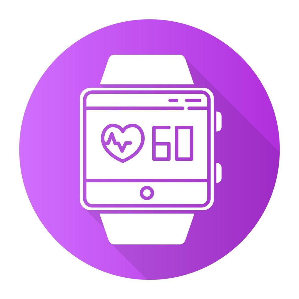 função de monitoramento de frequência cardíaca smartwatch roxo design plano ícone de glifo de longa sombra. indicadores de saúde. medição dos batimentos cardíacos. pulseira fitness. ilustração em vetor silhueta