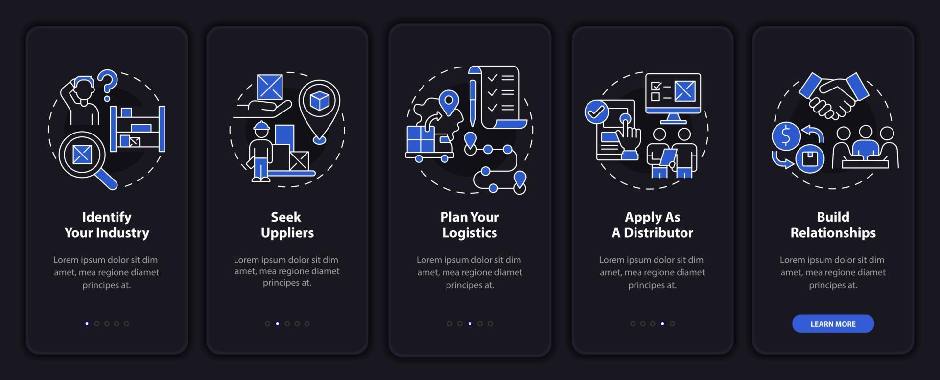 etapas para a tela da página do aplicativo móvel de integração da inicialização da distribuição. passo a passo de inicialização 5 passos instruções gráficas com conceitos. modelo de vetor ui, ux, gui com ilustrações de modo noturno linear