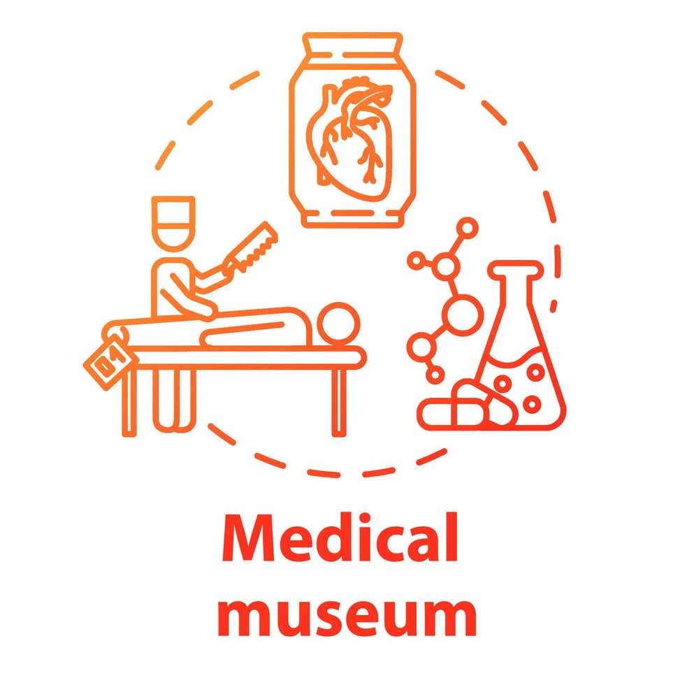 ícone do conceito de museu médico. exposição de anatomia. dissecção corporal e exame de órgãos. pesquisa química. ilustração de linha fina de ideia de exposição científica. desenho de contorno isolado de vetor