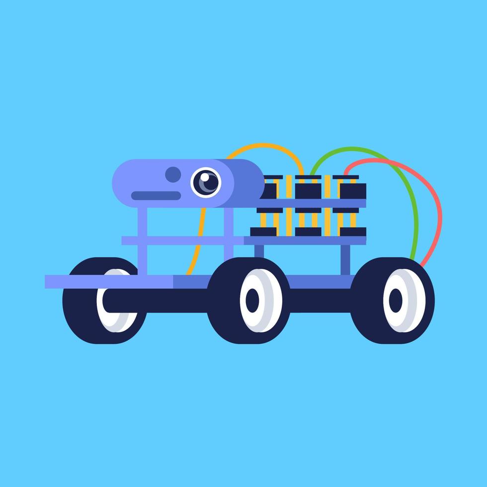 ilustração em vetor plana de veículo robô. pequeno carro robótico com câmera para fotografia ou vigilância por vídeo. tecnologia inteligente. dispositivo de brinquedo. brinquedo de desenho animado isolado no fundo azul