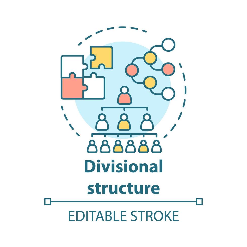 ícone do conceito de estrutura corporativa divisionária. ilustração de linha fina de ideia de hierarquia de organização. liderança e trabalho em equipe. alta direção da empresa. desenho de contorno isolado do vetor. curso editável vetor