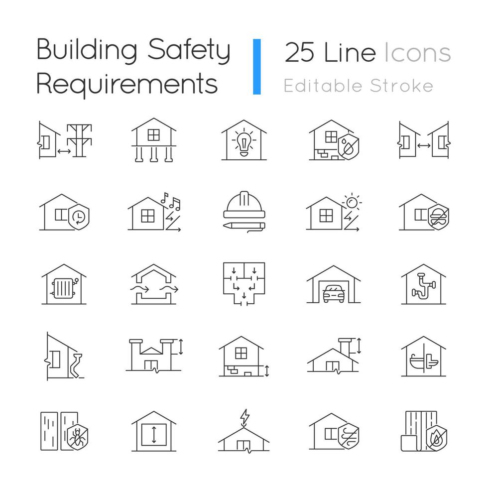 conjunto de ícones lineares de requisitos de segurança do edifício. casa reformando. normas para o projeto de edifícios. símbolos de contorno de linha fina personalizáveis. ilustrações de contorno de vetor isolado. traço editável