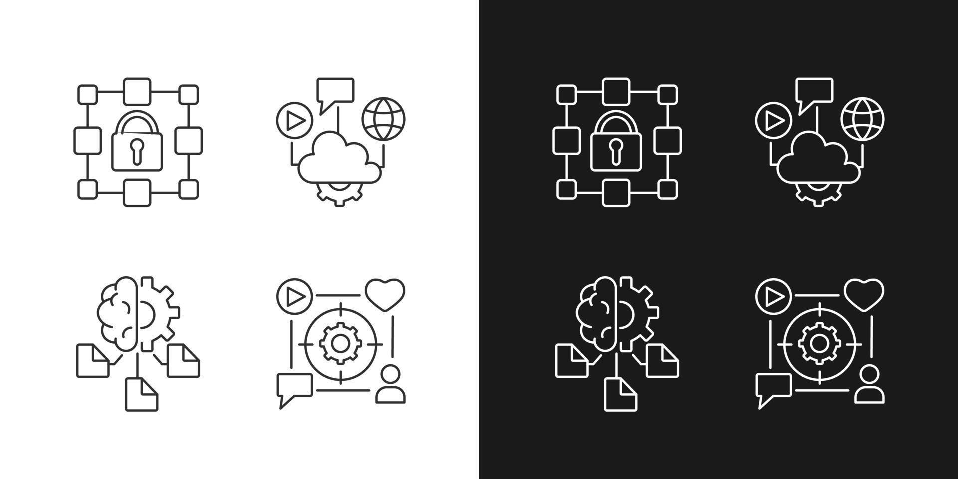 ícones lineares de inclusão digital definidos para o modo escuro e claro. computação em nuvem. aprendizado de máquina. dados criptografados. símbolos de linha fina personalizáveis. ilustrações de contorno de vetor isolado. traço editável