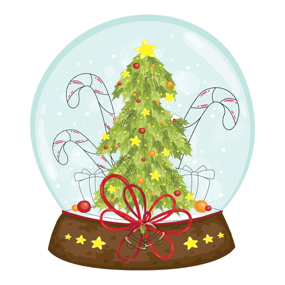cartão de natal com flocos de neve de neve, globo e árvore de natal. vetor