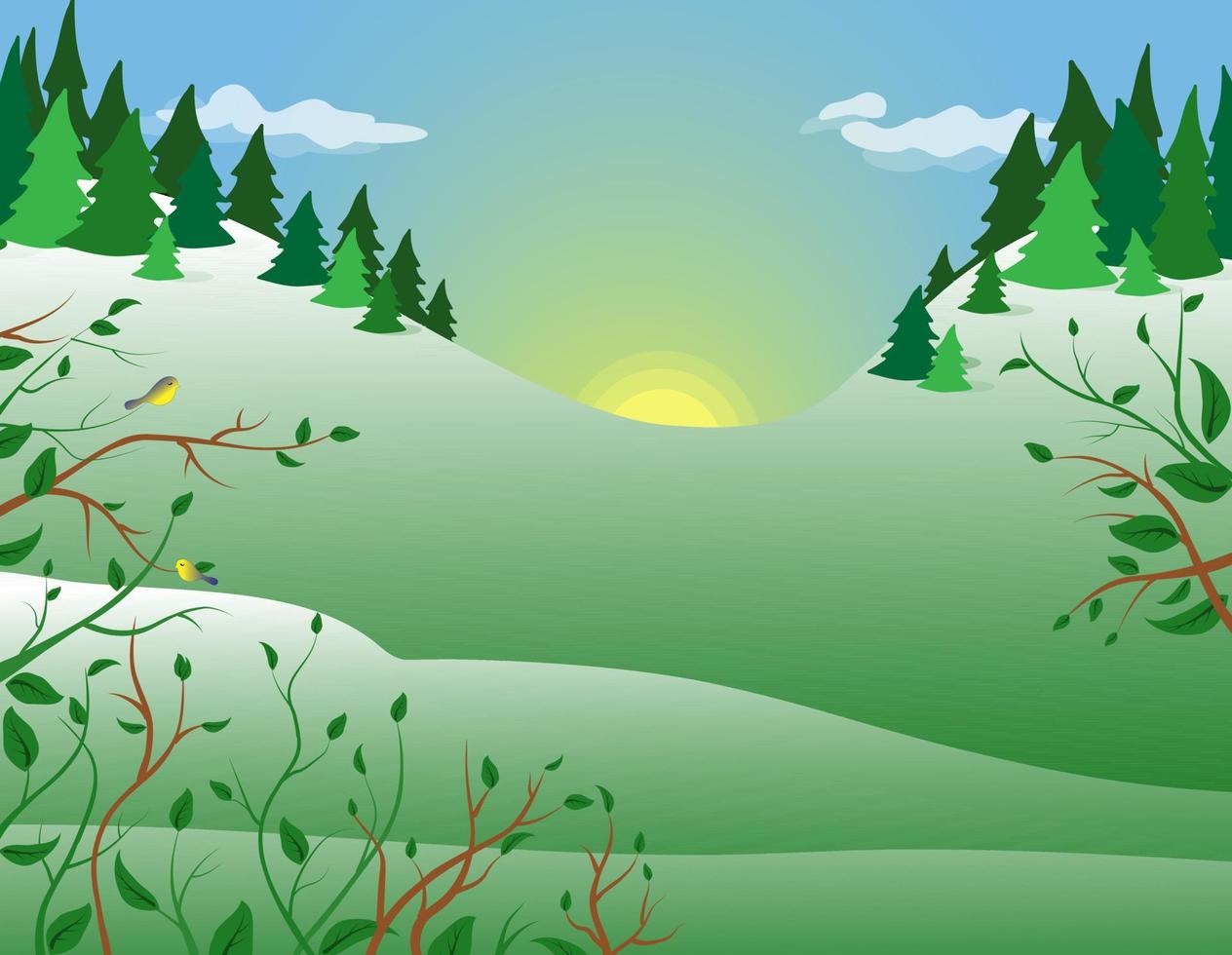 ilustração em vetor de uma paisagem de floresta de primavera com árvores, colinas e o sol nascente.
