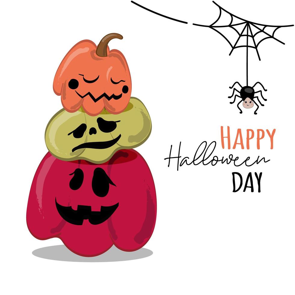 cartão de convite de festa de halloween para os feriados. abóboras engraçadas, aranha com teias de aranha e outros símbolos. vetor