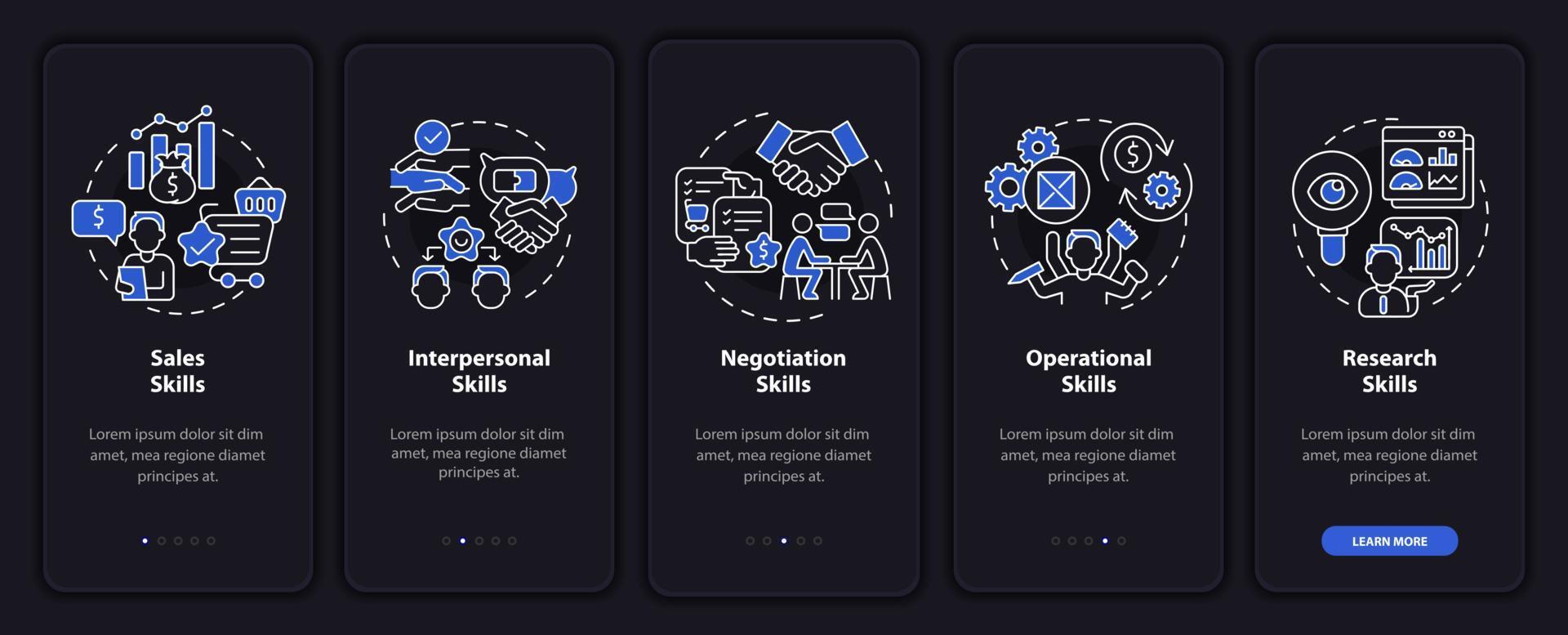 habilidades para a integração da tela da página do aplicativo móvel do atacadista. iniciar o negócio passo a passo 5 passos instruções gráficas com conceitos. modelo de vetor ui, ux, gui com ilustrações de modo noturno linear