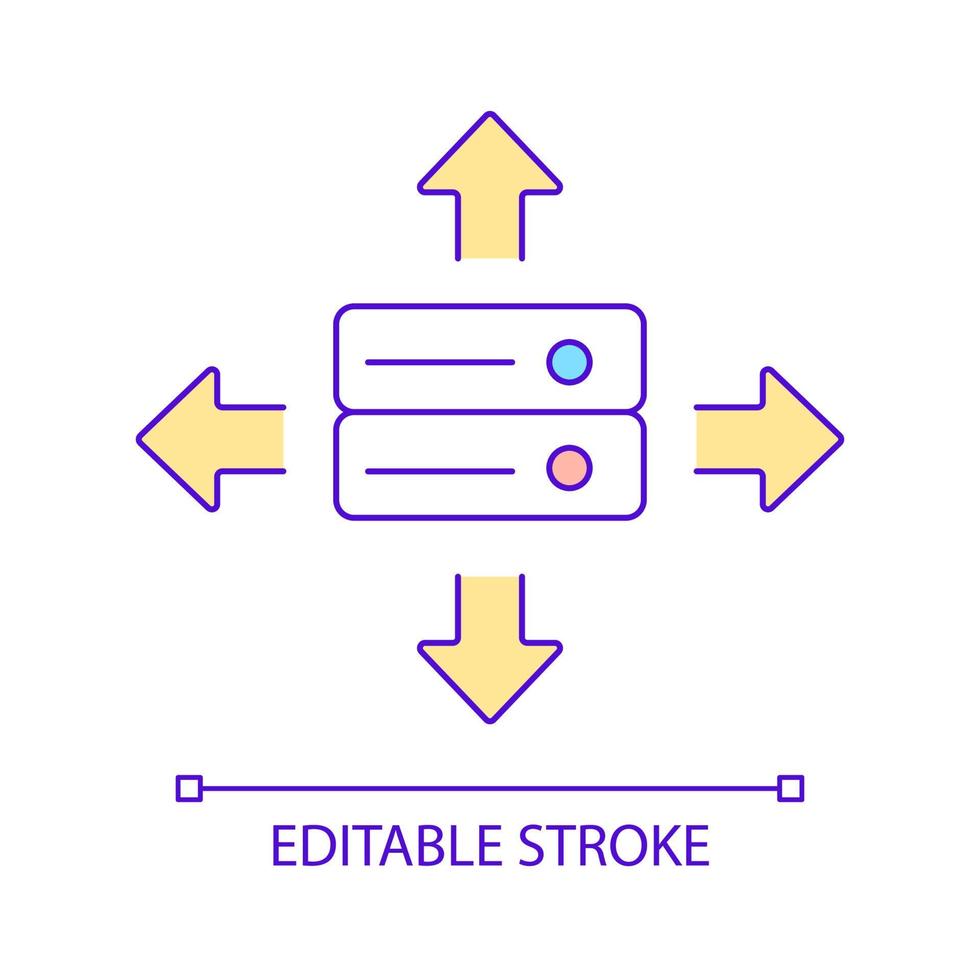 é ícone de cor rgb de negócios de distribuição de hardware. dispositivos digitais que prestam serviços. tecnologia moderna por atacado. ilustração vetorial isolado. desenho de linha preenchido simples. traço editável vetor