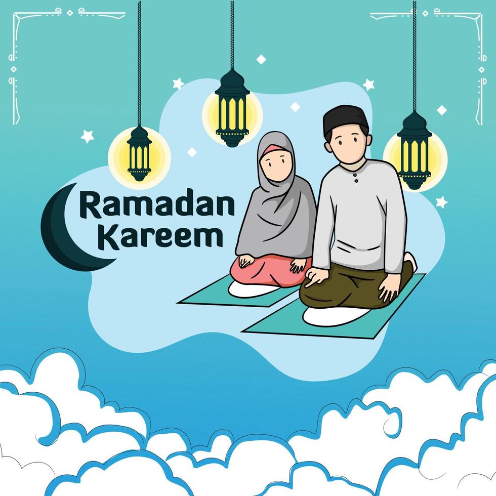 ilustração de casal muçulmano rezando juntos à noite para celebrar o eid al fitr vetor