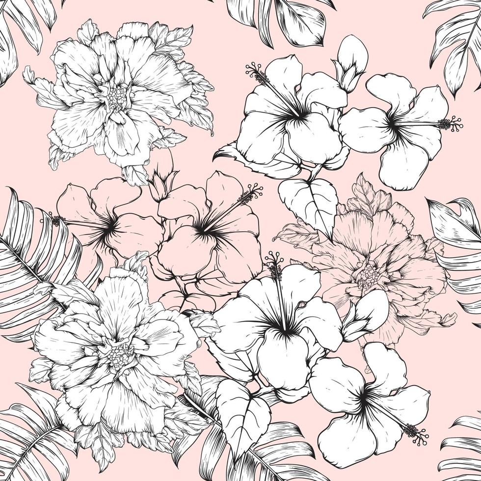 fundo abstrato flores de hibisco sem costura padrão floral desenho de mão de ilustração vetorial para textura de design de impressão de tecido vetor