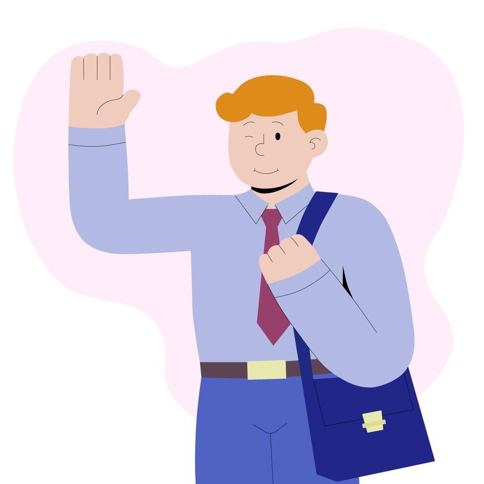ilustração plana de empresário ou estudante de terno com maleta. personagem de desenho animado de vetor. um homem sorridente acena com a mão em saudação vetor