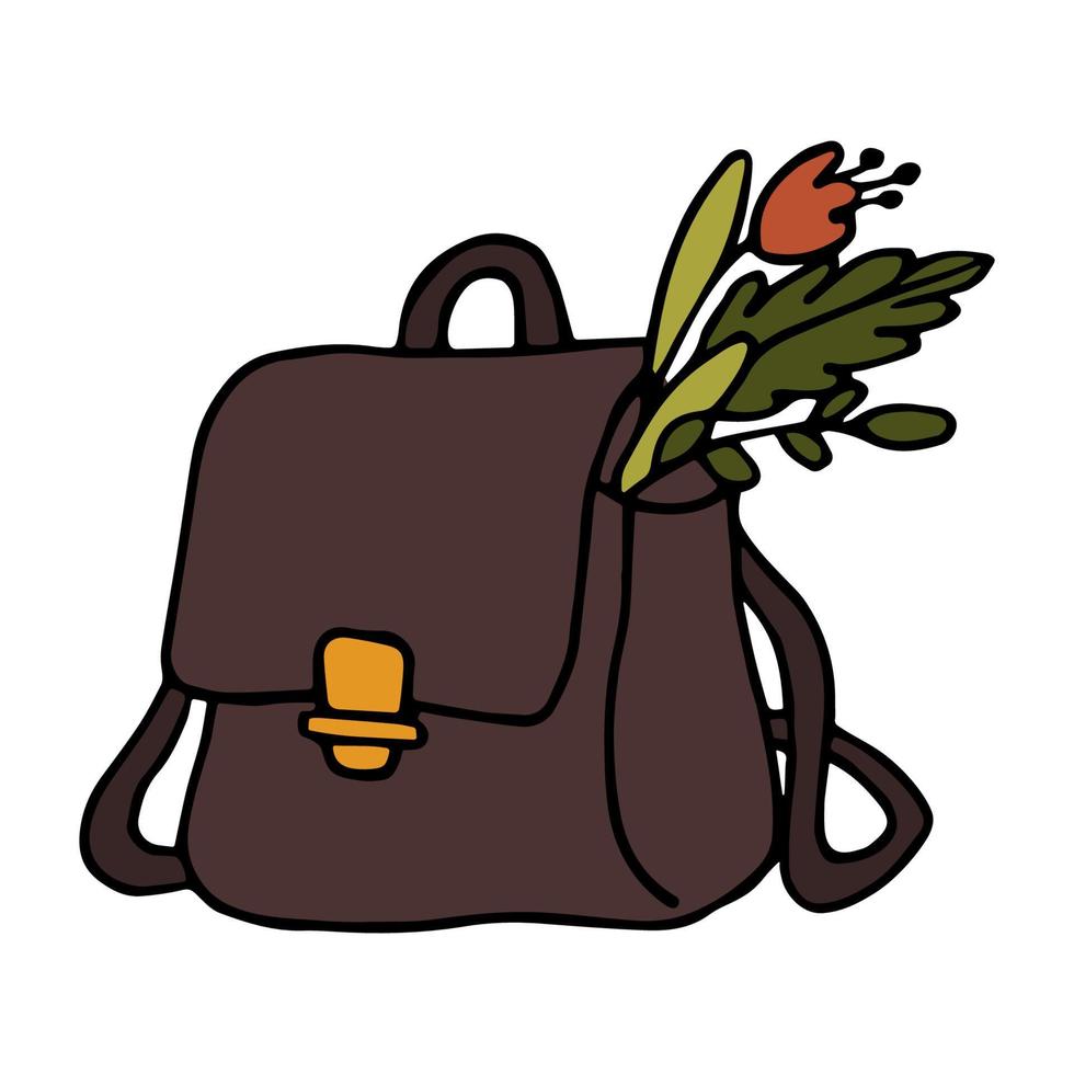 maleta com ervas em estilo doodle. ilustração vetorial de cor da mochila com flores. ícone de mala de mão desenhada dos desenhos animados. linda bolsa de bruxa. vetor