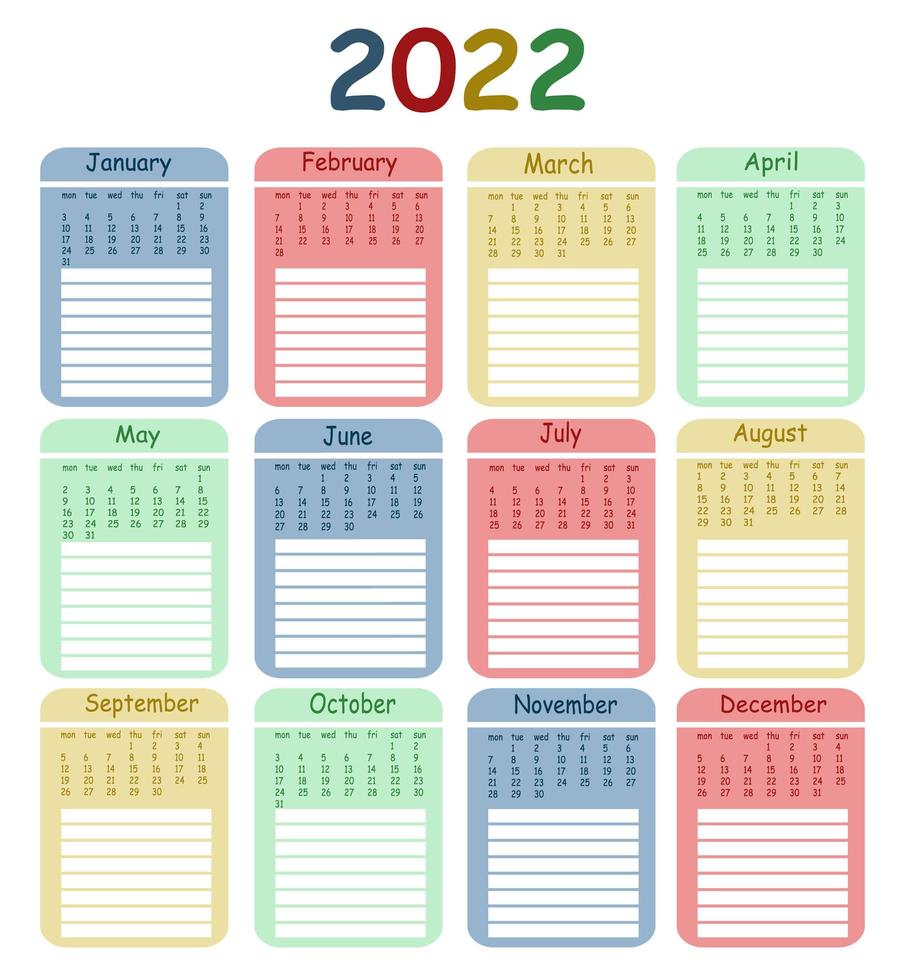 modelo de design de calendário vetorial vertical para 2022, design simples e limpo. vetor