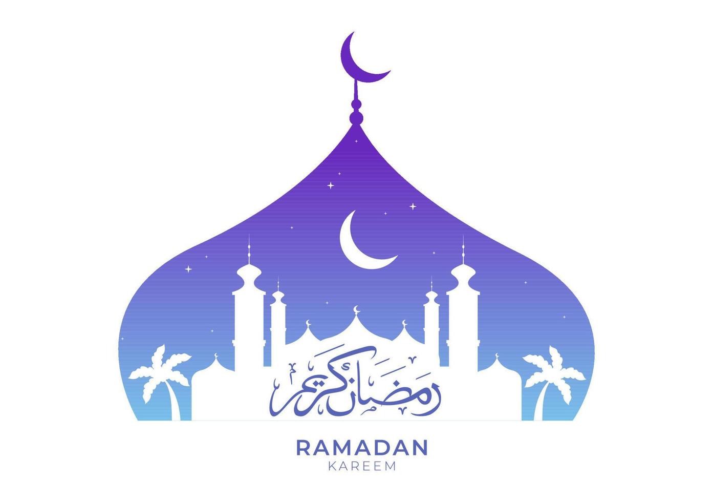 ramadan kareem com mesquita, lanternas e lua em ilustração vetorial de fundo plano para feriado religioso islâmico eid fitr ou banner ou cartaz do festival de adha vetor