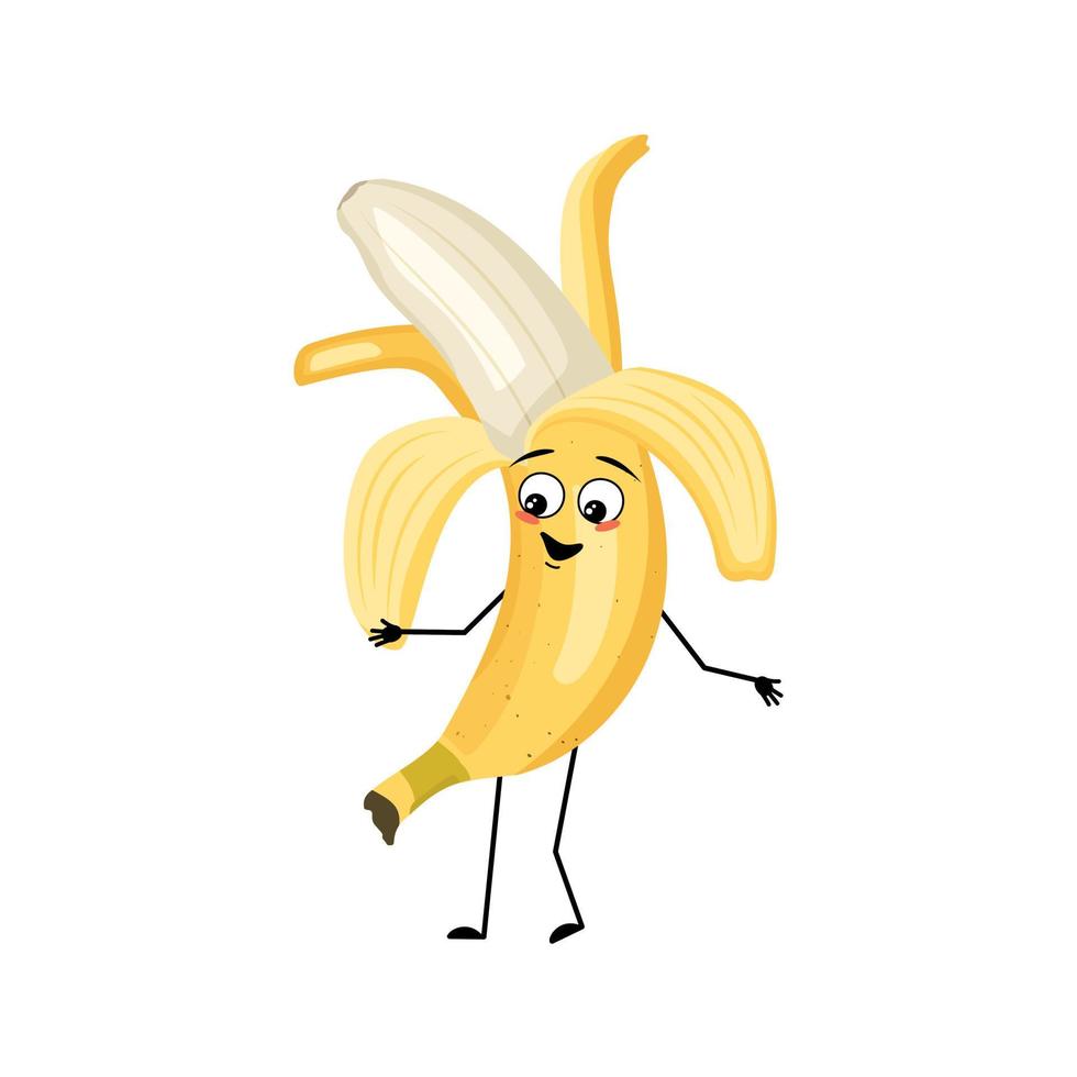 personagem de banana com emoção feliz, rosto alegre, olhos de sorriso, braços e pernas. pessoa com expressão, emoticon de frutas. ilustração vetorial plana vetor