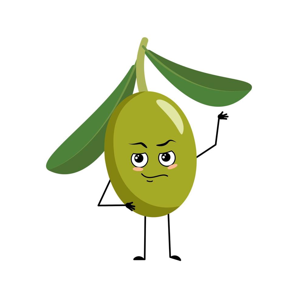 personagem verde-oliva com emoções de herói, rosto corajoso, braços e perna. pessoa com expressão de coragem, emoticon de frutas. ilustração vetorial plana vetor