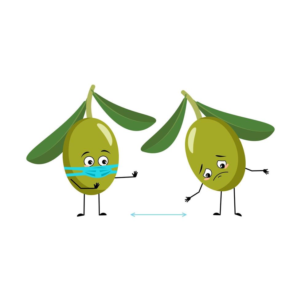 personagem verde-oliva com emoções tristes, rosto e máscara mantêm distância, braços e pernas. pessoa com expressão de cuidado, emoticon de frutas. ilustração vetorial plana vetor