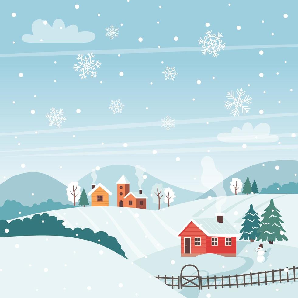 paisagem de inverno com árvores, campos, casas. paisagem rural sazonal. ilustração vetorial em estilo simples vetor