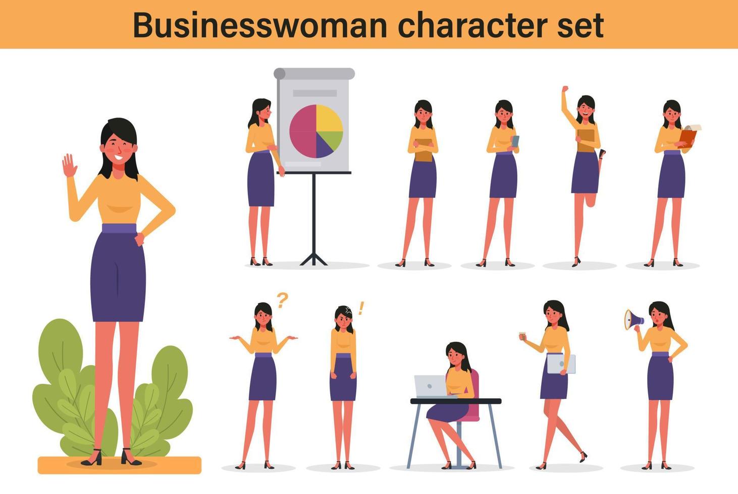 trabalhadora de escritório feminina em pé com várias poses e gestos de mão para ilustração vetorial de apresentação de negócios vetor
