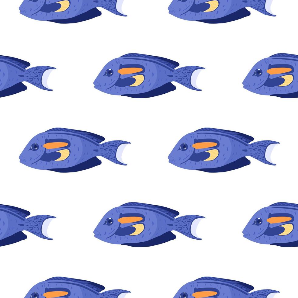isolado doodle oceano sem costura padrão com formas de peixe cirurgião azul brilhante. fundo branco. vetor