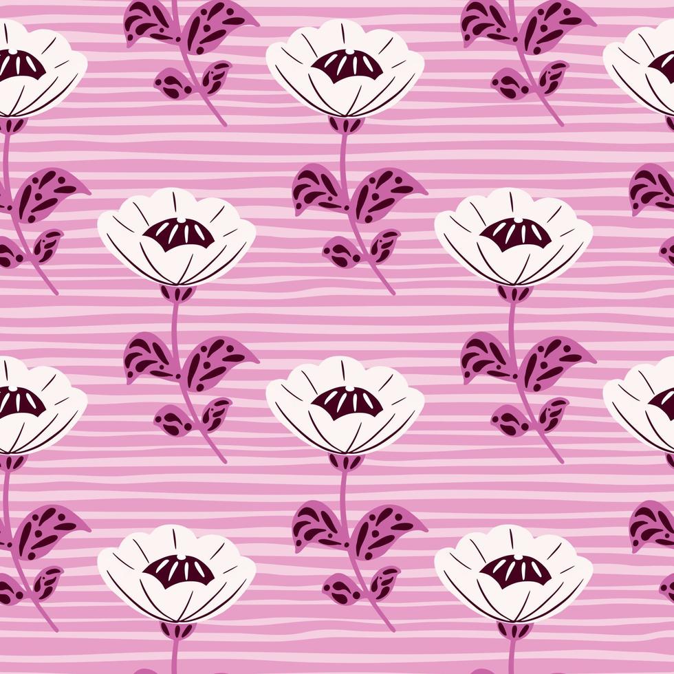 vintage padrão sem emenda com ornamento de flores folclóricas doodle branco. fundo listrado rosa. vetor