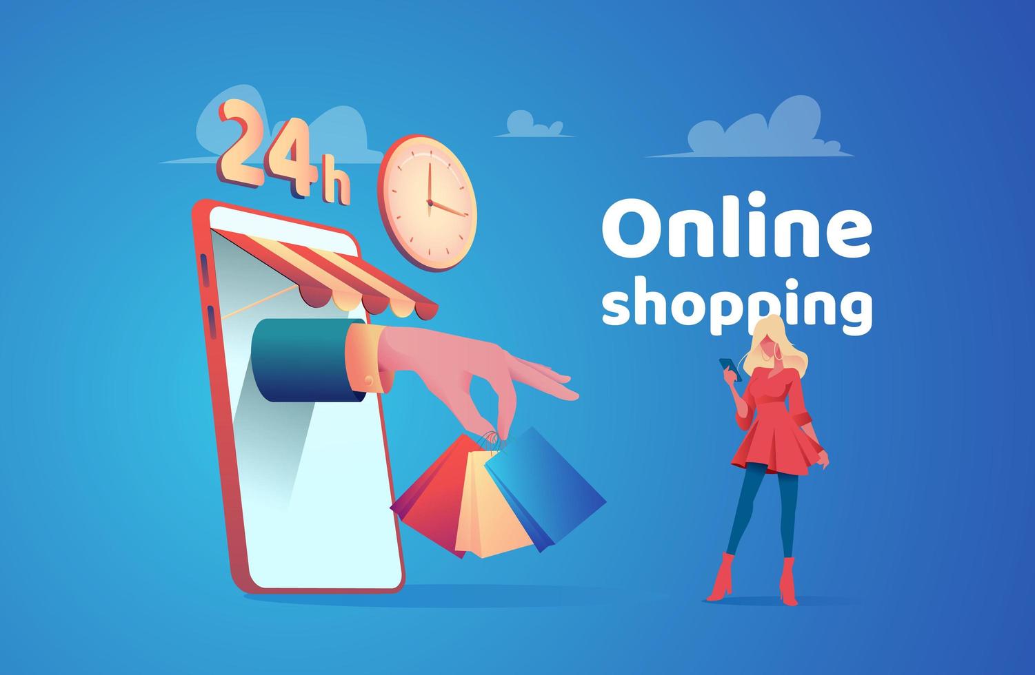 grande mão do telefone segura pacotes com compras. há um pedaço kopeck com telefone por perto e faz uma compra online. metáfora de compras online. conceito de pagamento fácil e entrega de mercadorias vetor