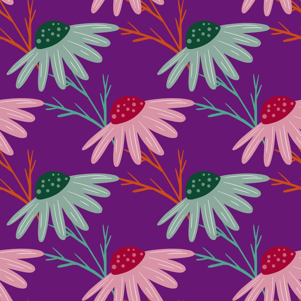 moderno padrão sem emenda com flores de camomila rosa e verde doodle. fundo roxo brilhante. vetor