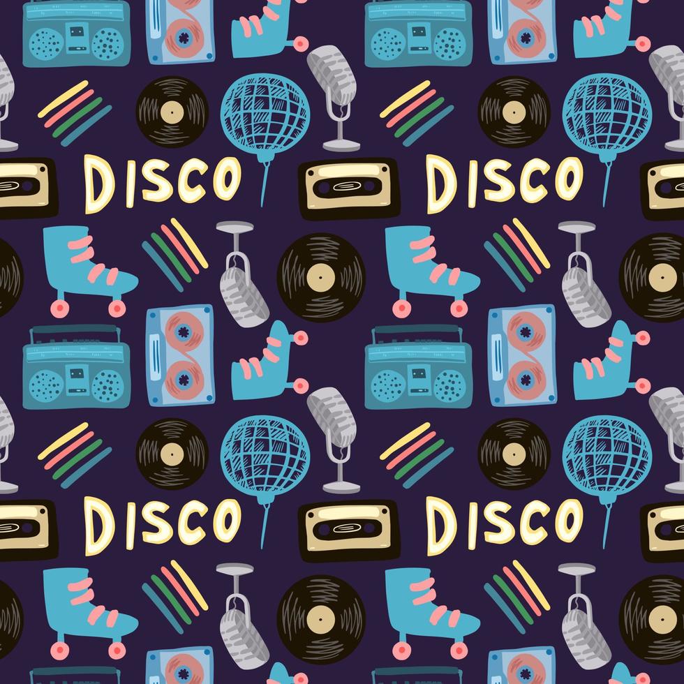 bola de discoteca brilhante, microfone, rolos, cassete, gravador de fita, vinil, formas de registros. fundo roxo escuro. arte colorida hipster. vetor