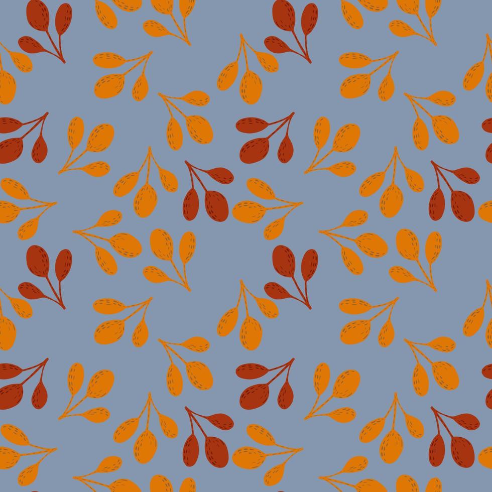 padrão de doodle sem costura de outono com ramos de outono coloridos laranja e marrom. ornamento aleatório sobre fundo azul. vetor