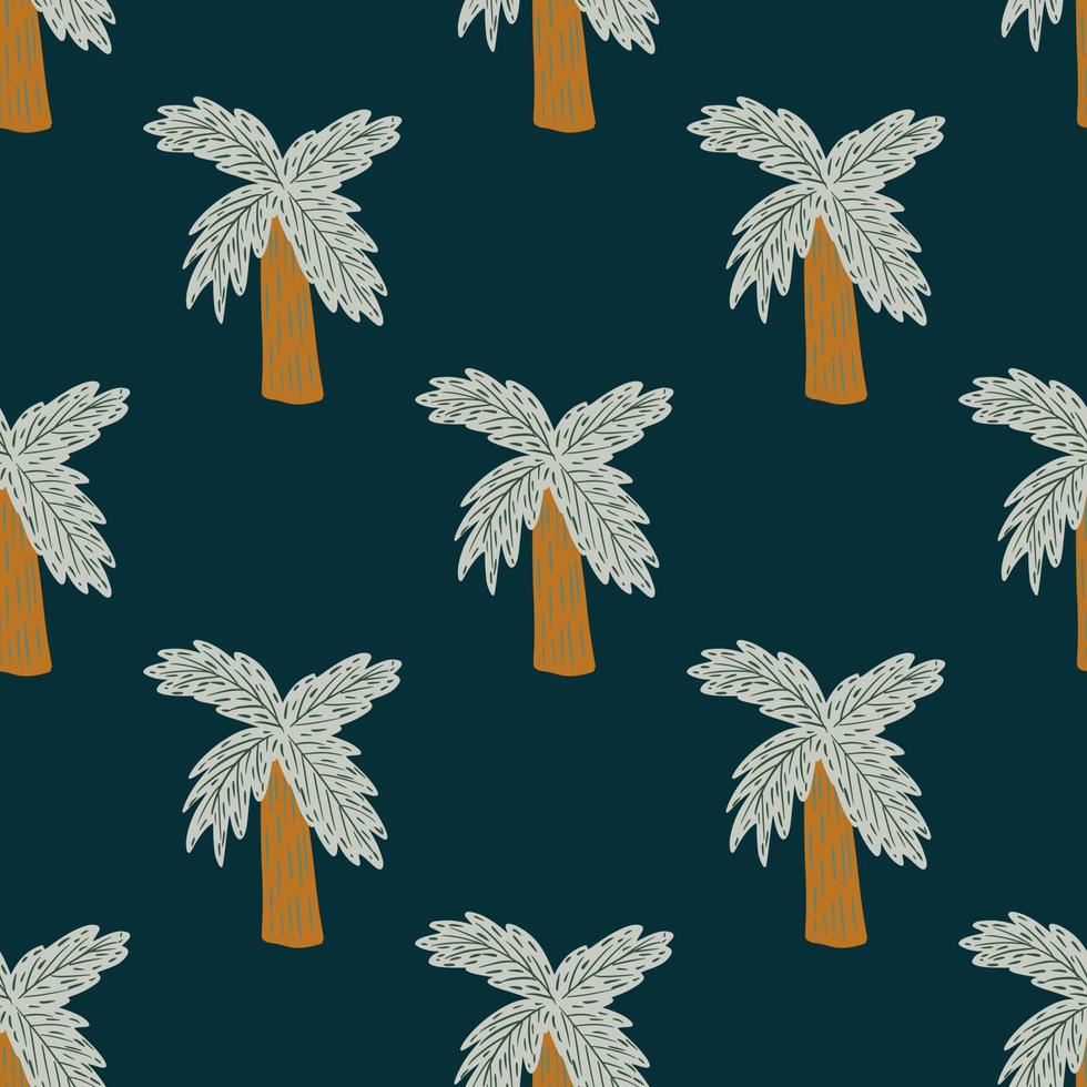padrão escuro sem costura com silhuetas de palmeiras desenhadas à mão doodle. fundo azul marinho. estilo de desenho animado. vetor