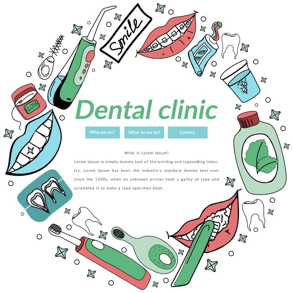 dentista de mulher e paciente durante o procedimento odontológico. consultório odontológico, ferramentas e equipamentos. doodle conceito de odontologia para web banner, imagens de heróis e materiais de impressão vetor