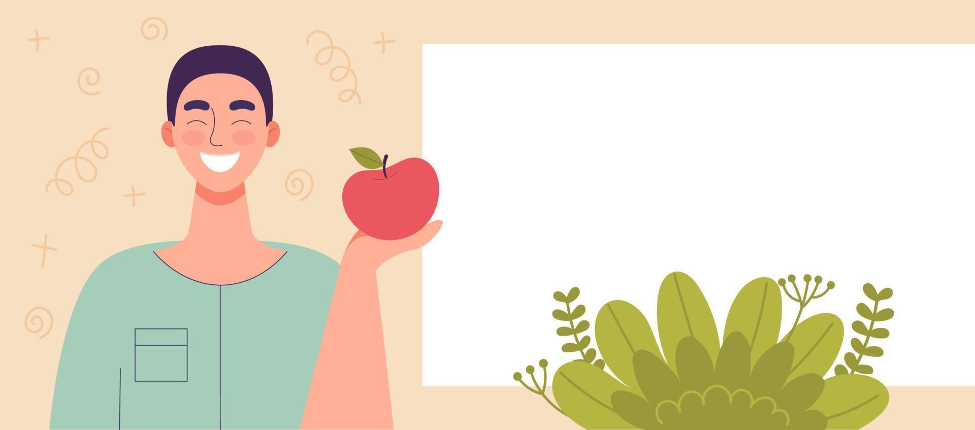 jovem segurando a maçã na mão. dieta alimentar, estilo de vida saudável, comida vegetariana, dieta de alimentos crus. aluno snack.template, espaço para texto, banner para site. ilustração em vetor plana dos desenhos animados.