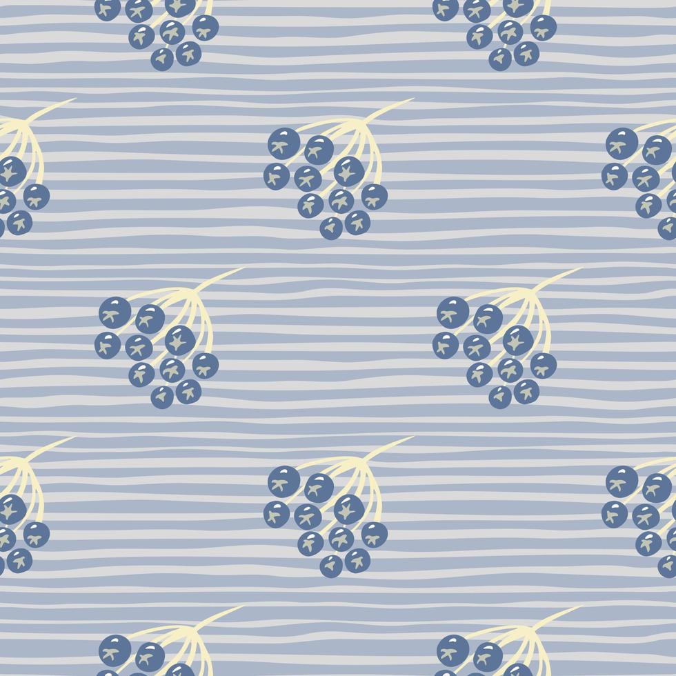 padrão de doodle sem emenda de bagas de rowan azul. cenário botânico desenhado à mão em fundo listrado. vetor