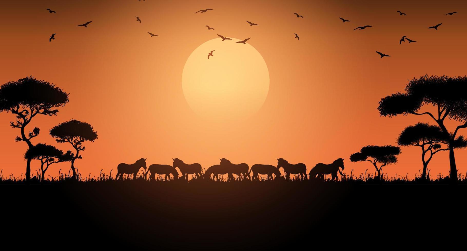 animais da savana africana ao pôr do sol. silhuetas de animais selvagens da savana africana vetor