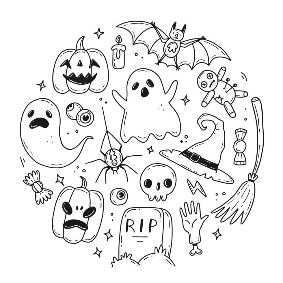 conjunto de elementos de halloween doodle em forma de círculo. ilustração vetorial com elementos isolados. vetor